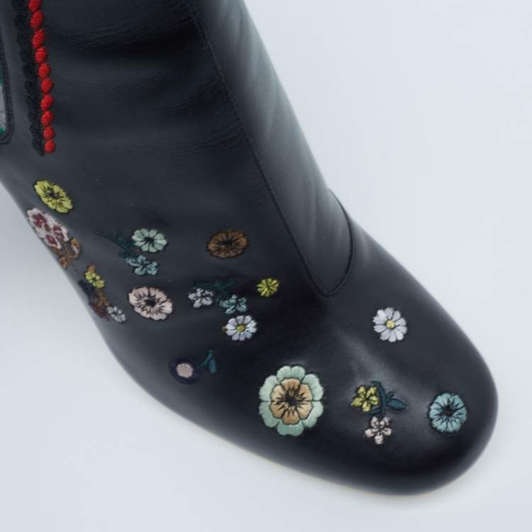 Pre Owned Fendi Black Leather And Fabric Embroidered Ankle Length Boots Size 38