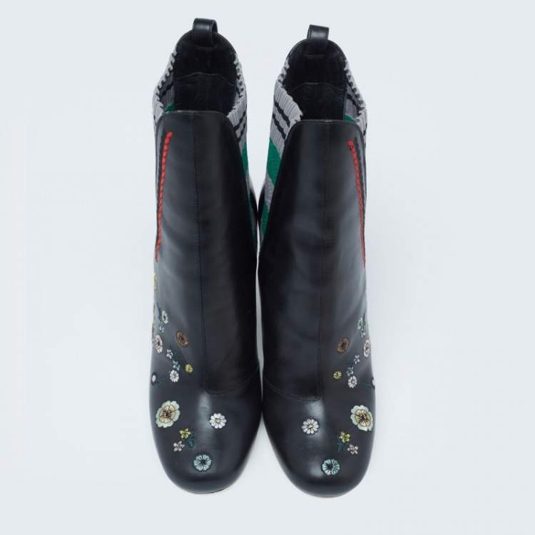 Pre Owned Fendi Black Leather And Fabric Embroidered Ankle Length Boots Size 38
