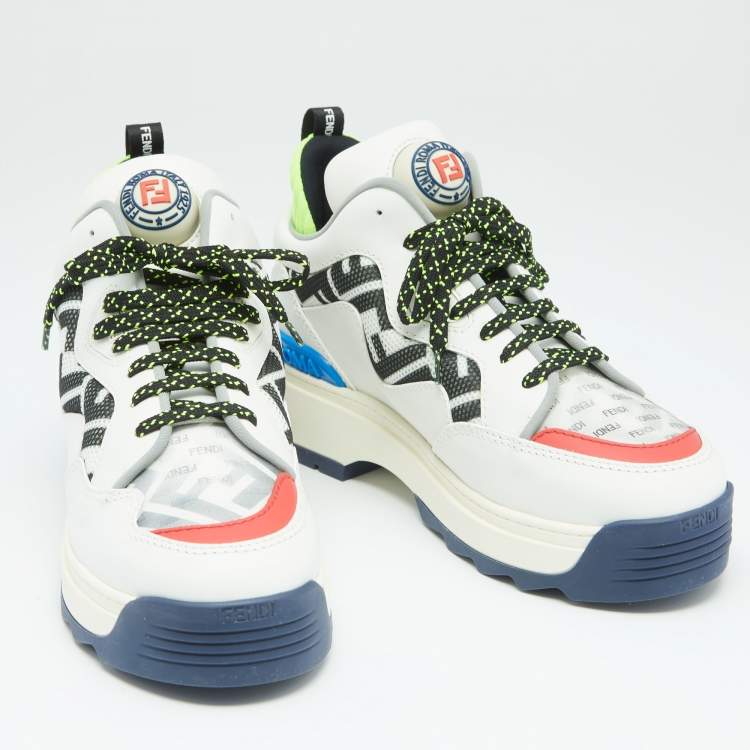 Pre Owned Fendi Multicolor Leather And Fabric  FF Chunky Lace Up Sneakers Size 38.5