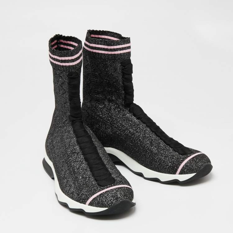 Pre Owned Fendi Silver/Black Stretch Fabric And Glitter Sock High Top Sneakers Size 41