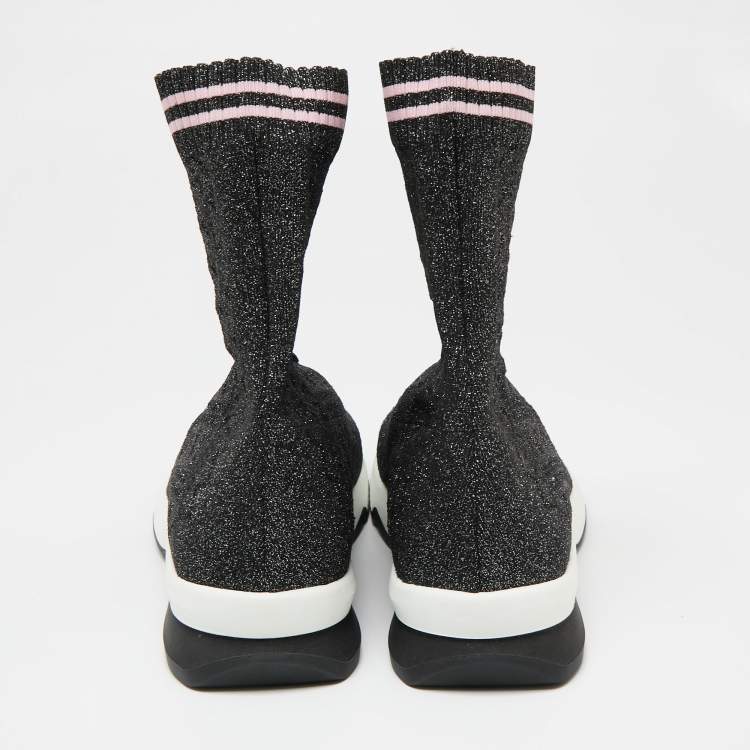 Pre Owned Fendi Silver/Black Stretch Fabric And Glitter Sock High Top Sneakers Size 41