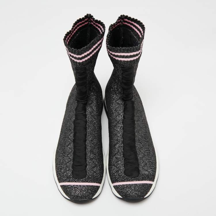 Pre Owned Fendi Silver/Black Stretch Fabric And Glitter Sock High Top Sneakers Size 41