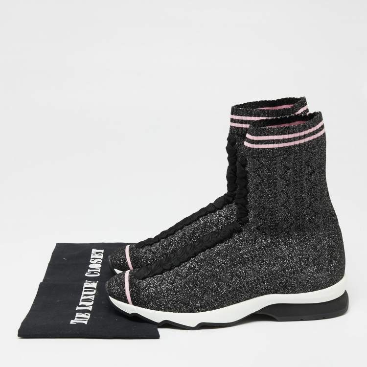 Pre Owned Fendi Silver/Black Stretch Fabric And Glitter Sock High Top Sneakers Size 41