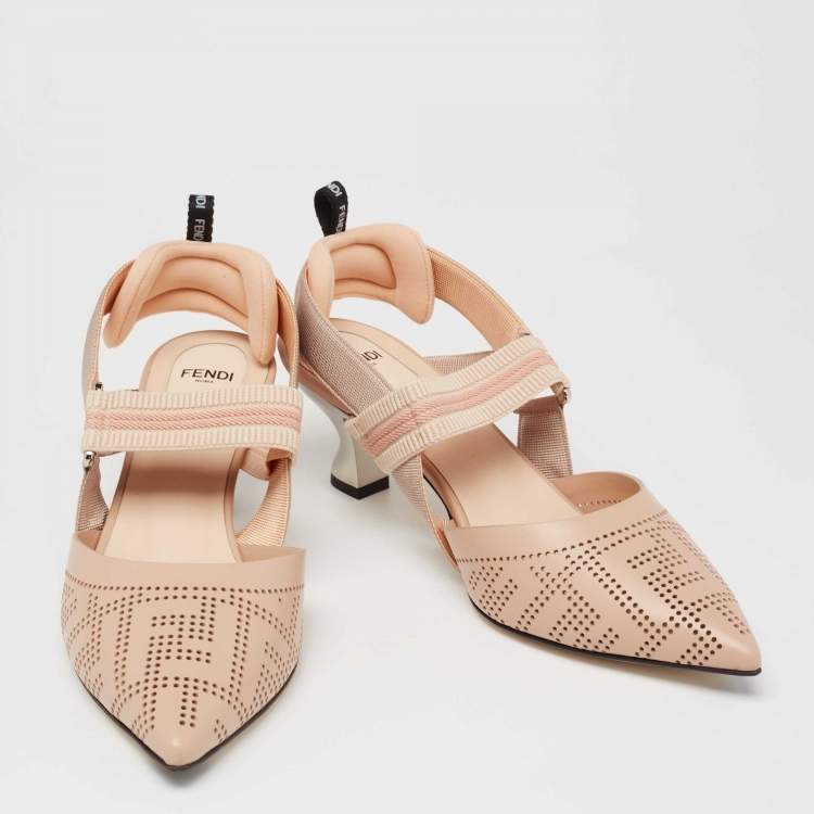 Pre Owned Fendi Nude Pink FF Perforated Leather Colibri Slingback Pumps Size 39