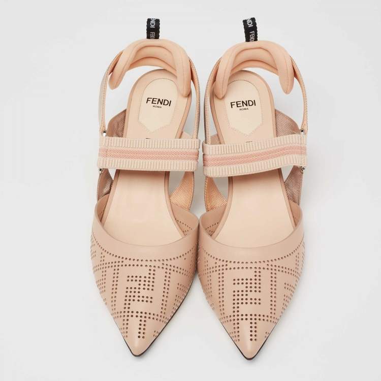 Pre Owned Fendi Nude Pink FF Perforated Leather Colibri Slingback Pumps Size 39