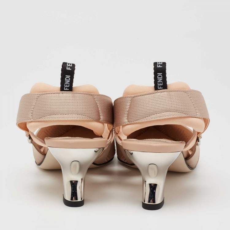 Pre Owned Fendi Nude Pink FF Perforated Leather Colibri Slingback Pumps Size 39