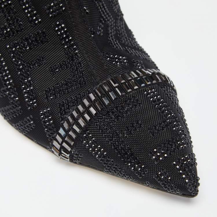 Pre Owned Fendi Black Canvas And Leather Embellished Ankle  Boots Size 38.5