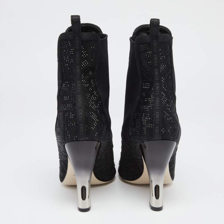 Pre Owned Fendi Black Canvas And Leather Embellished Ankle  Boots Size 38.5