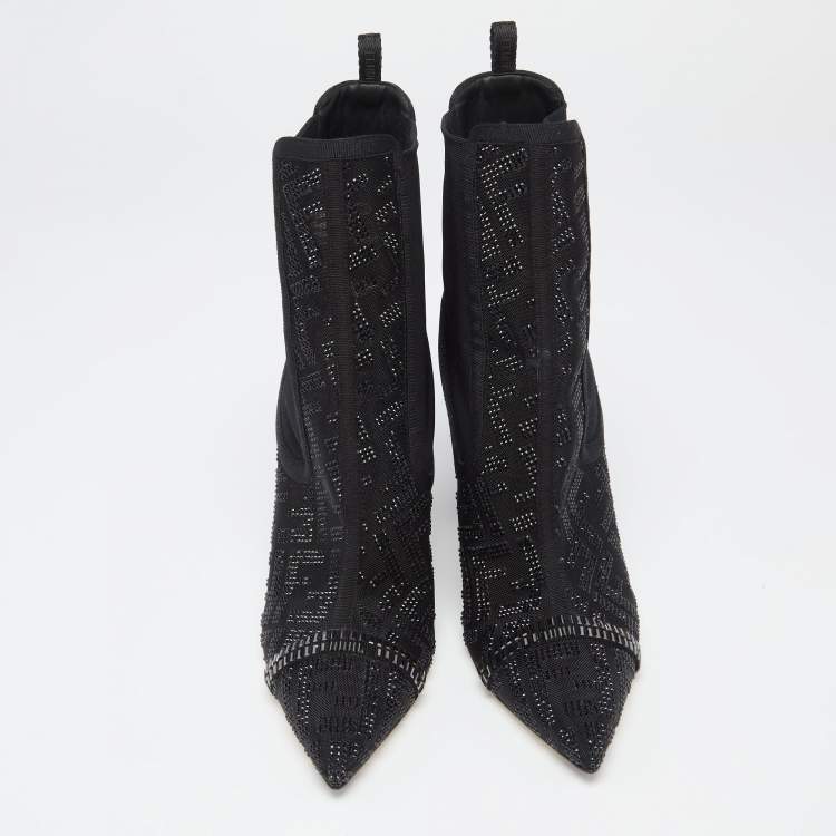Pre Owned Fendi Black Canvas And Leather Embellished Ankle  Boots Size 38.5