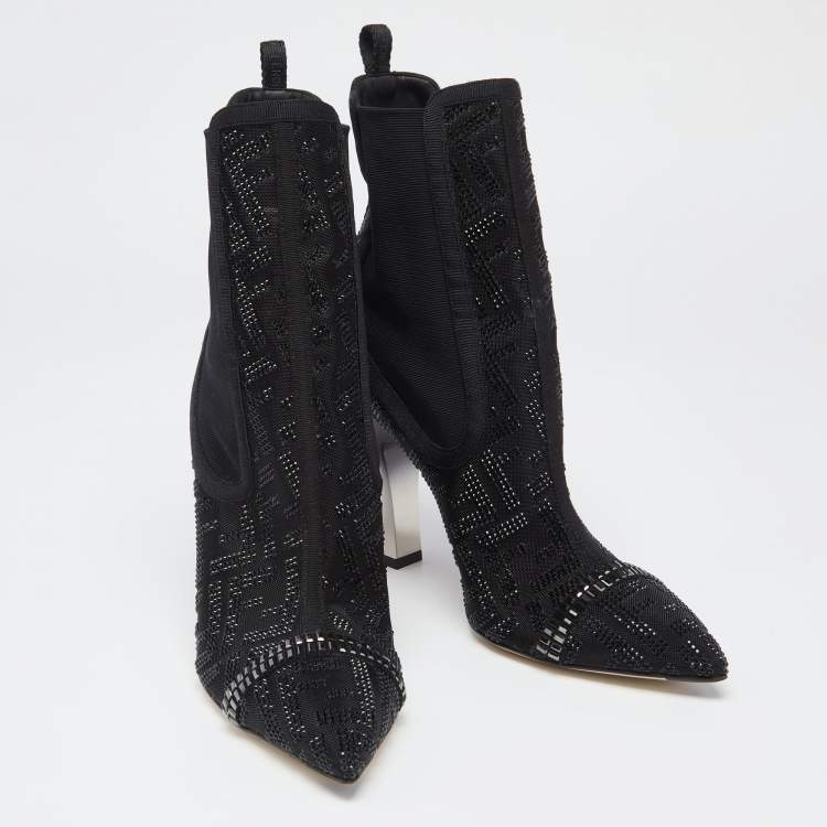 Pre Owned Fendi Black Canvas And Leather Embellished Ankle  Boots Size 38.5