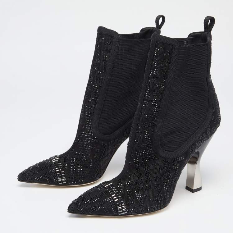 Pre Owned Fendi Black Canvas And Leather Embellished Ankle  Boots Size 38.5