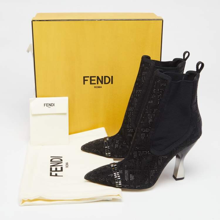 Pre Owned Fendi Black Canvas And Leather Embellished Ankle  Boots Size 38.5