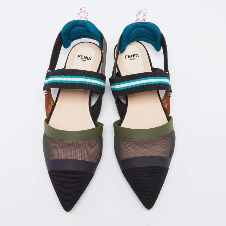 Pre Owned Fendi Multicolor Mesh and Canvas  Colibri Slingback Flat Sandals Size 38