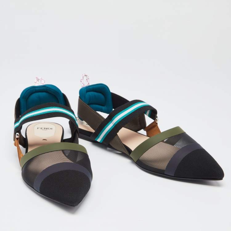 Pre Owned Fendi Multicolor Mesh and Canvas  Colibri Slingback Flat Sandals Size 38