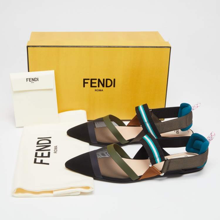 Pre Owned Fendi Multicolor Mesh and Canvas  Colibri Slingback Flat Sandals Size 38