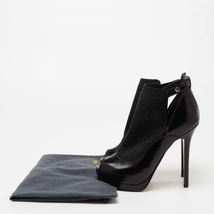 مملوكة مسبقًا Fendi Black Glitter, Suede and Leather Peep-Toe Platform Ankle Boots Size 37