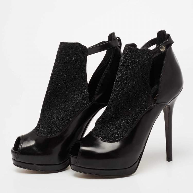 مملوكة مسبقًا Fendi Black Glitter, Suede and Leather Peep-Toe Platform Ankle Boots Size 37