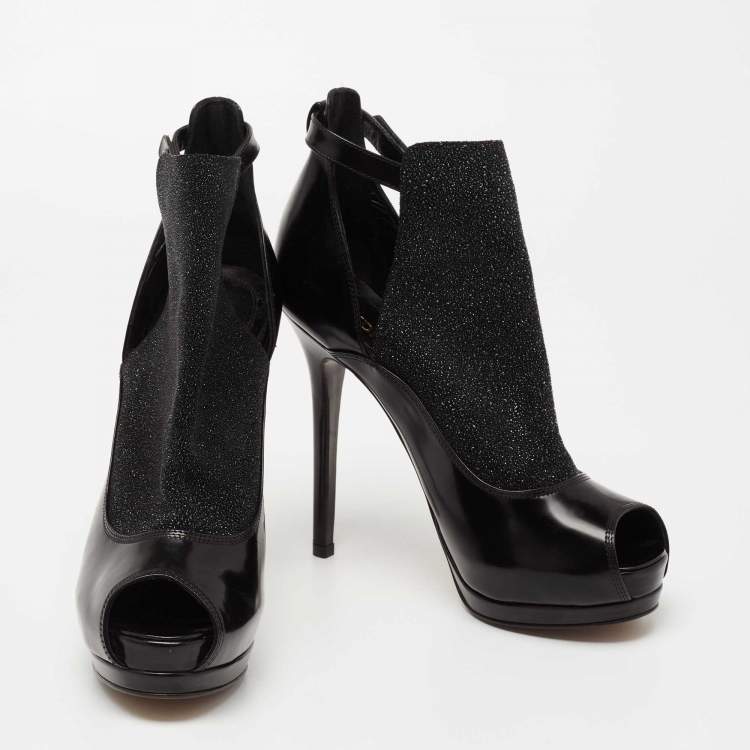 مملوكة مسبقًا Fendi Black Glitter, Suede and Leather Peep-Toe Platform Ankle Boots Size 37