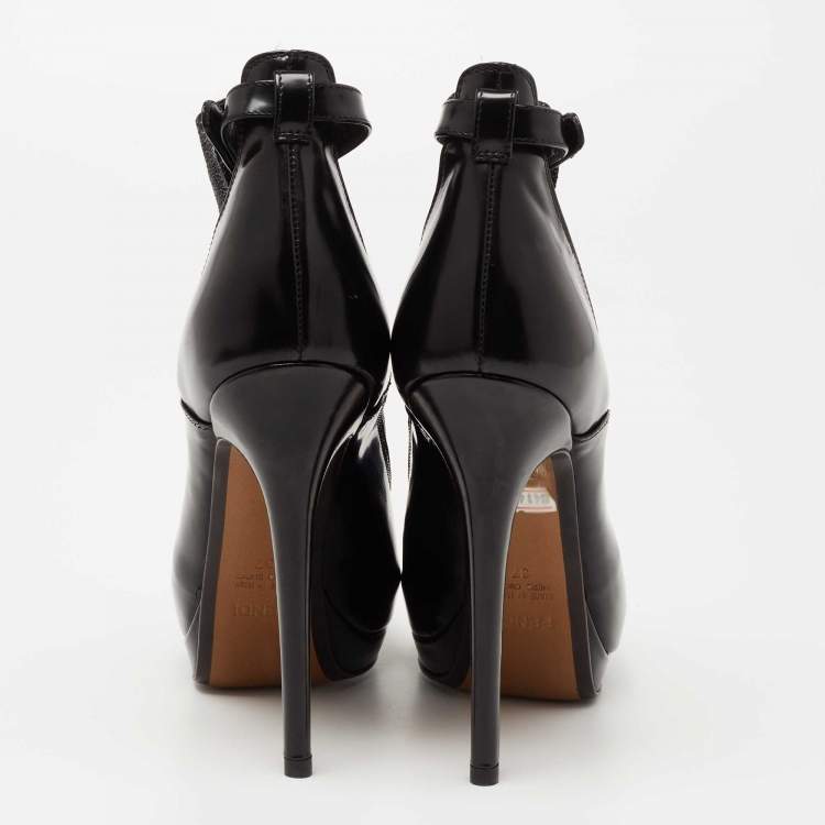 مملوكة مسبقًا Fendi Black Glitter, Suede and Leather Peep-Toe Platform Ankle Boots Size 37