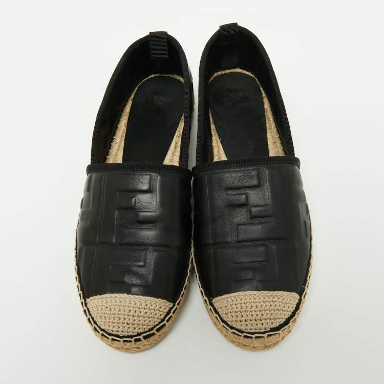 مملوكة مسبقًا Fendi Black FF Leather Espadrille Flats Size 38
