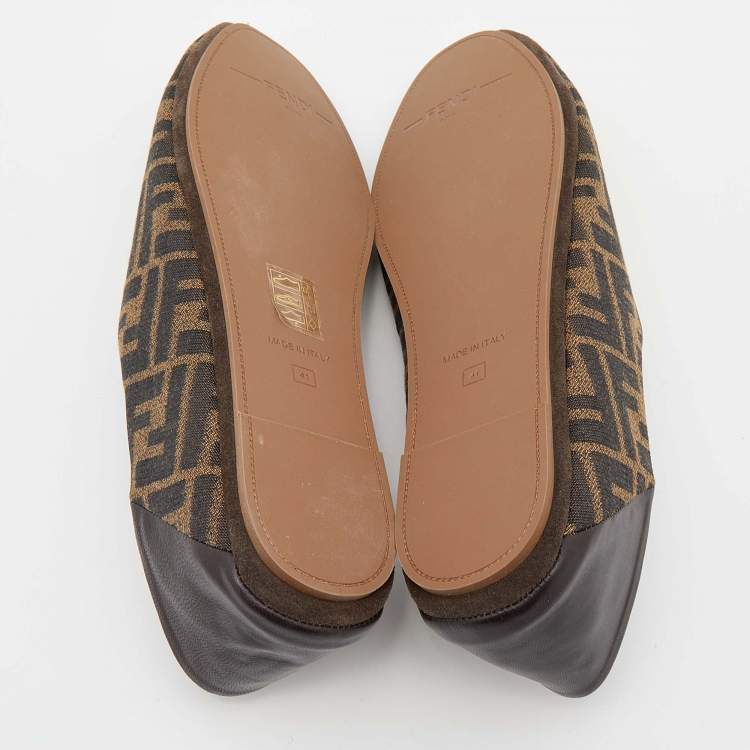 Pre Owned Fendi Brown Zucca Canvas and Leather FF Motif Flats Size 41
