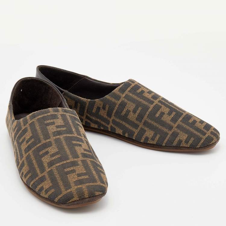 Pre Owned Fendi Brown Zucca Canvas and Leather FF Motif Flats Size 41