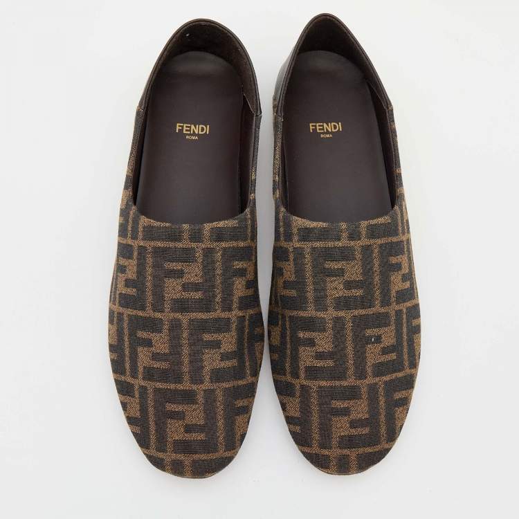 Pre Owned Fendi Brown Zucca Canvas and Leather FF Motif Flats Size 41