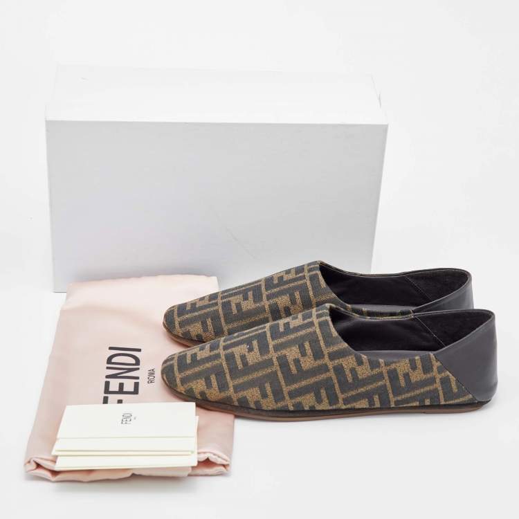 Pre Owned Fendi Brown Zucca Canvas and Leather FF Motif Flats Size 41