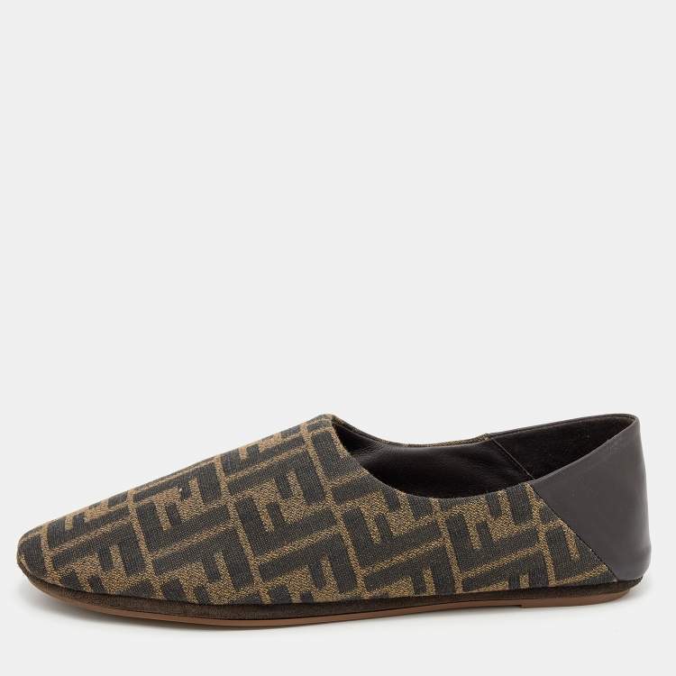 Pre Owned Fendi Brown Zucca Canvas and Leather FF Motif Flats Size 41