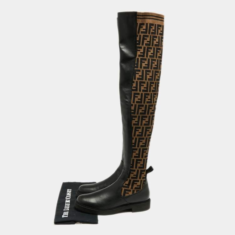 Pre Owned Fendi Black/Brown Leather And FF Zucca Canvas Over The Knee Boots Size 40