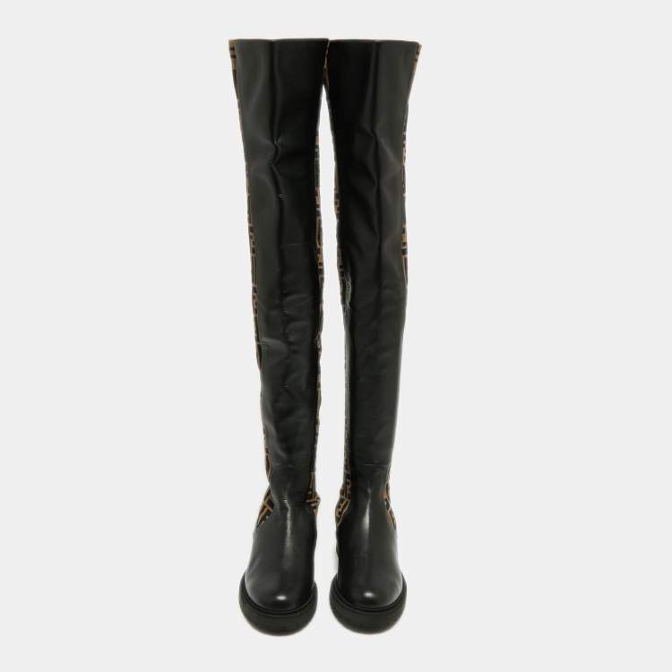 Pre Owned Fendi Black/Brown Leather And FF Zucca Canvas Over The Knee Boots Size 40