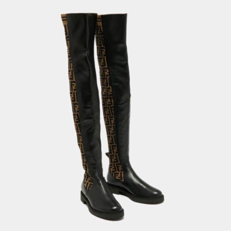 Pre Owned Fendi Black/Brown Leather And FF Zucca Canvas Over The Knee Boots Size 40