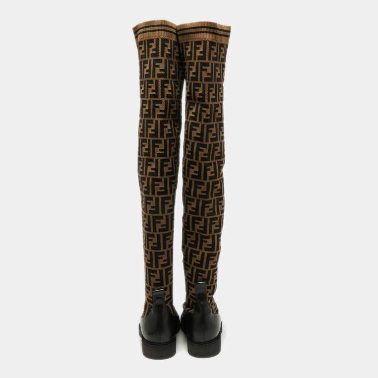 Pre Owned Fendi Black/Brown Leather And FF Zucca Canvas Over The Knee Boots Size 40