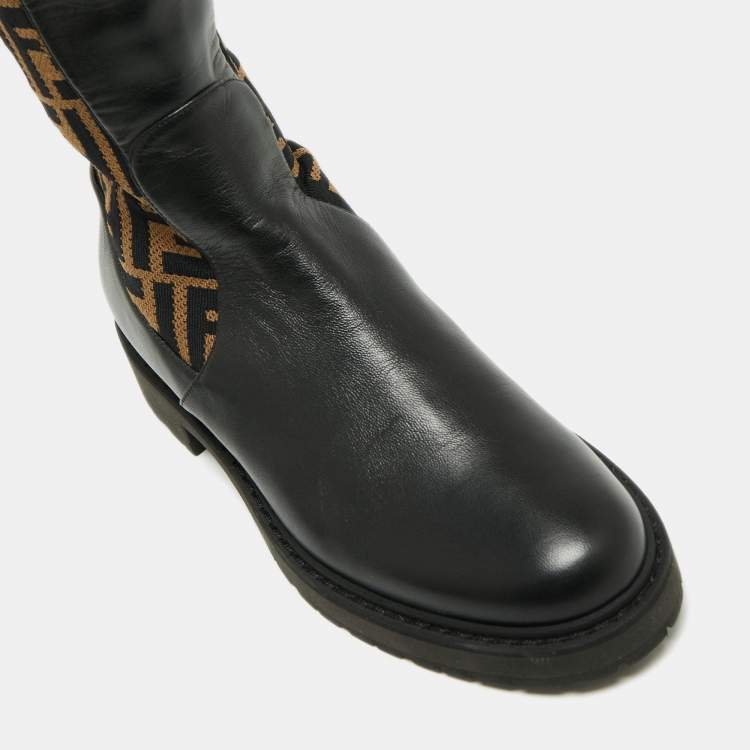 Pre Owned Fendi Black/Brown Leather And FF Zucca Canvas Over The Knee Boots Size 40