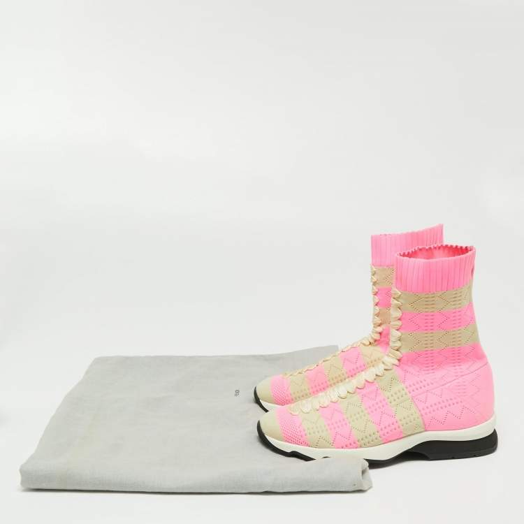 Pre Owned Fendi Pink/Beige Stretch Knit Fabric High Top Socks Sneakers Size 38