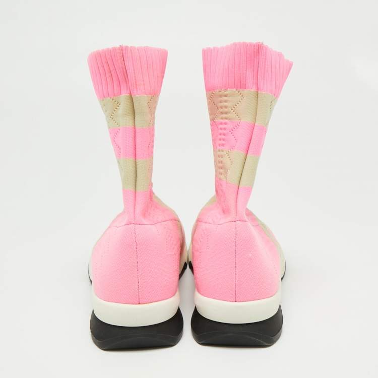 Pre Owned Fendi Pink/Beige Stretch Knit Fabric High Top Socks Sneakers Size 38