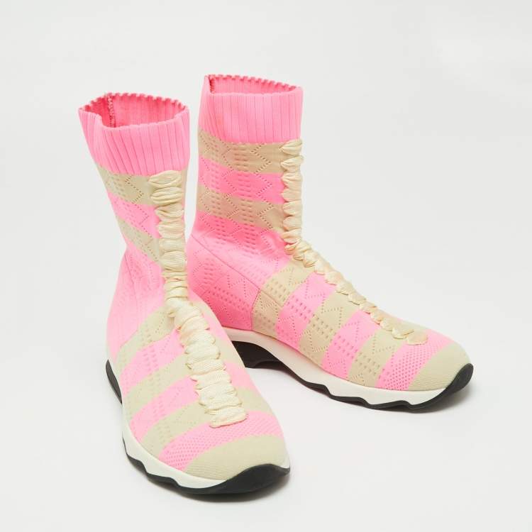 Pre Owned Fendi Pink/Beige Stretch Knit Fabric High Top Socks Sneakers Size 38