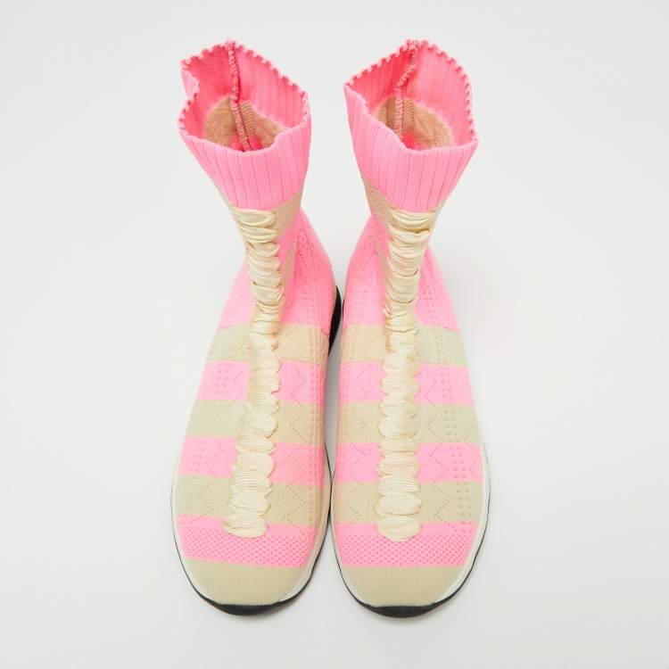 Pre Owned Fendi Pink/Beige Stretch Knit Fabric High Top Socks Sneakers Size 38