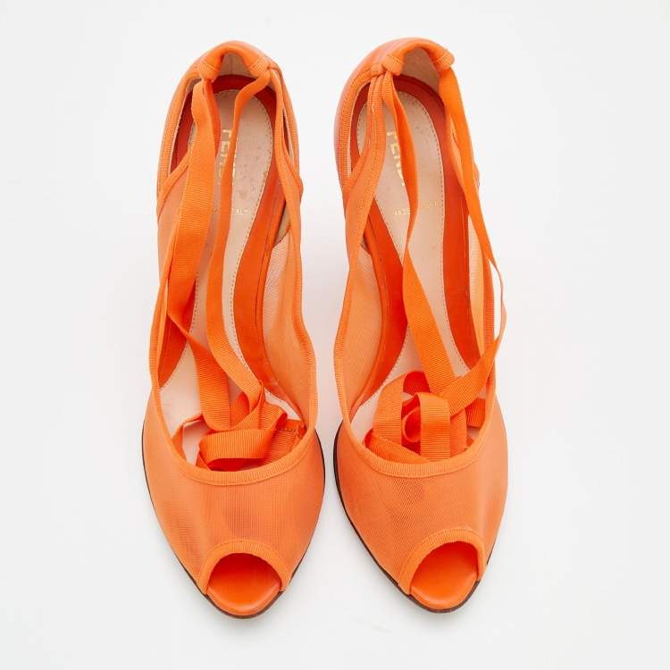 Pre Owned  Fendi Orange Mesh And Leather Ankle Wrap Cut Out Peep Toe Wedge Pumps Size 41
