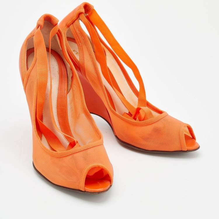 Pre Owned  Fendi Orange Mesh And Leather Ankle Wrap Cut Out Peep Toe Wedge Pumps Size 41