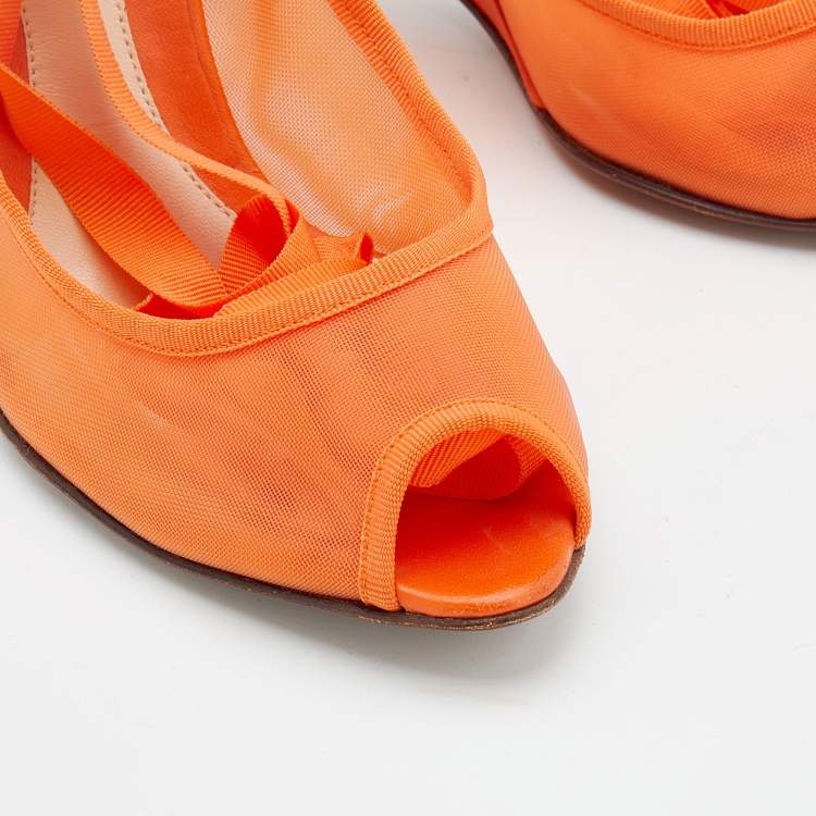 Pre Owned  Fendi Orange Mesh And Leather Ankle Wrap Cut Out Peep Toe Wedge Pumps Size 41