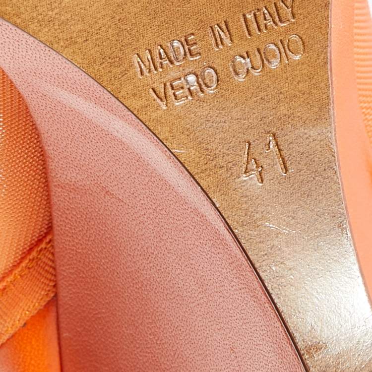 Pre Owned  Fendi Orange Mesh And Leather Ankle Wrap Cut Out Peep Toe Wedge Pumps Size 41