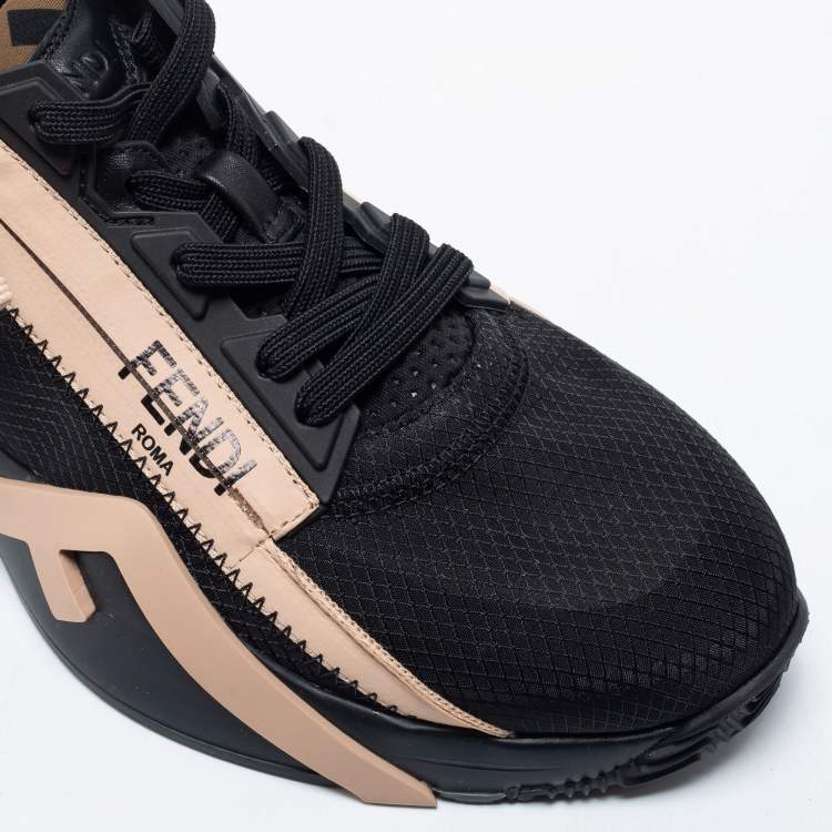 Pre Owned Fendi Black/Beige Mesh And Suede Flow Logo Low Top Sneakers Size 38