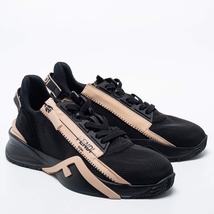 Pre Owned Fendi Black/Beige Mesh And Suede Flow Logo Low Top Sneakers Size 38