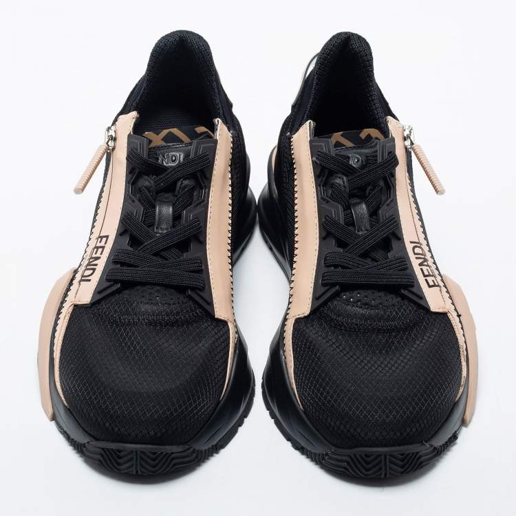 Pre Owned Fendi Black/Beige Mesh And Suede Flow Logo Low Top Sneakers Size 38