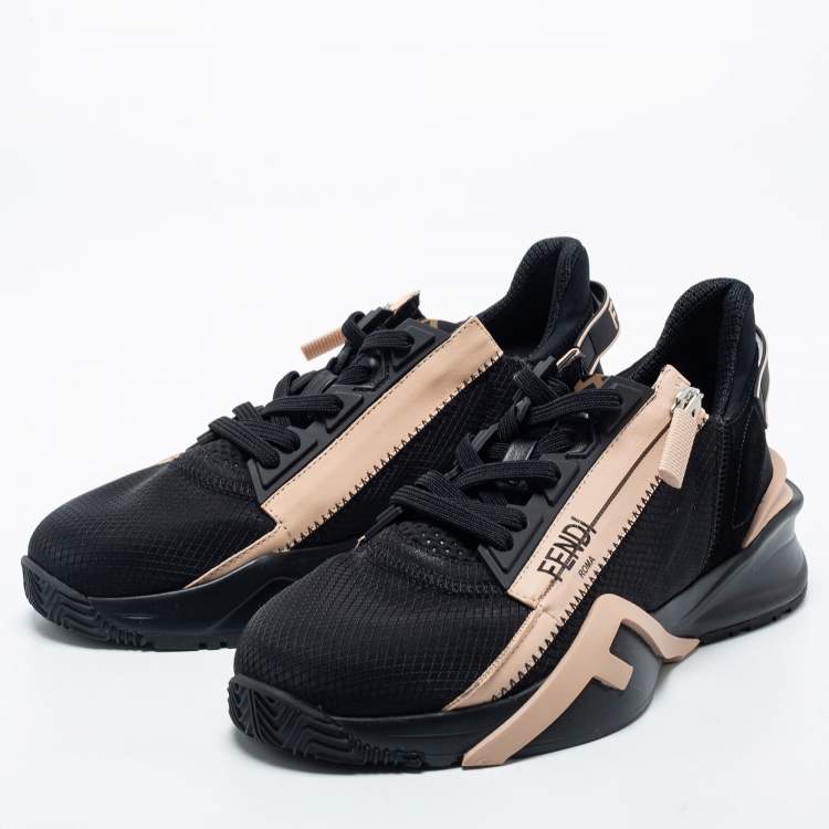 Pre Owned Fendi Black/Beige Mesh And Suede Flow Logo Low Top Sneakers Size 38