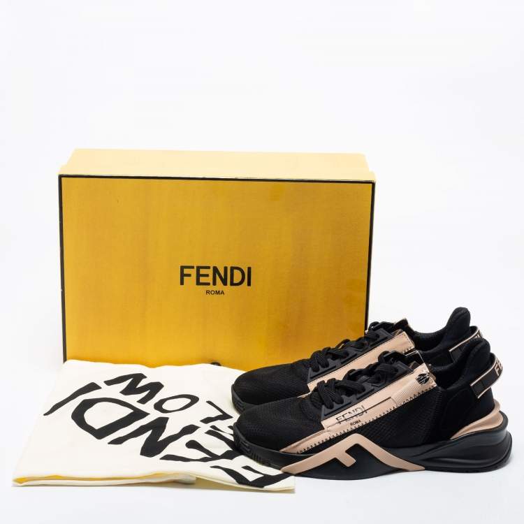 Pre Owned Fendi Black/Beige Mesh And Suede Flow Logo Low Top Sneakers Size 38