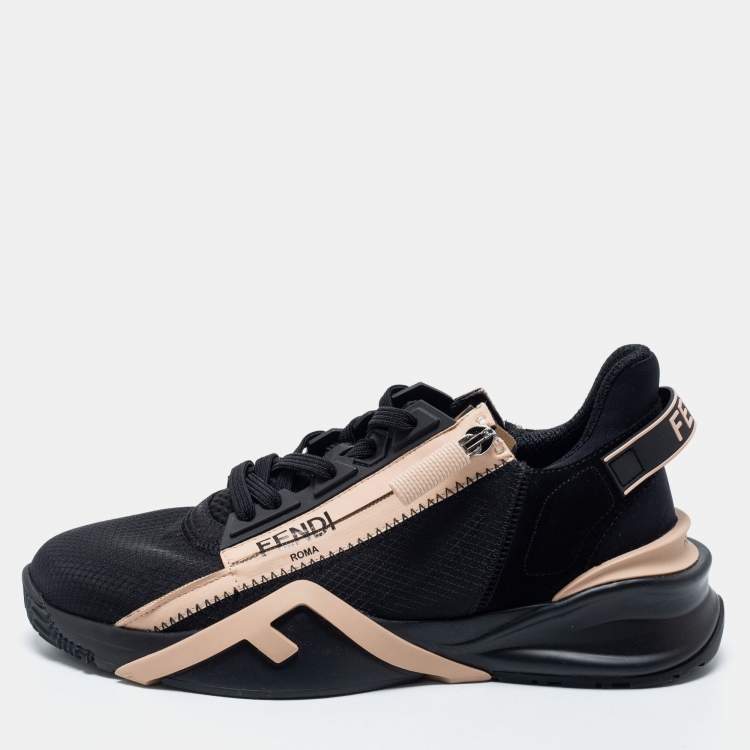 Pre Owned Fendi Black/Beige Mesh And Suede Flow Logo Low Top Sneakers Size 38