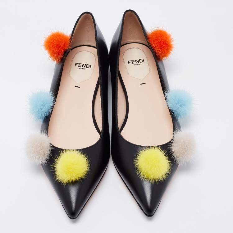Pre Owned Fendi Black Leather and Mink Fur Pom Pom Ballerina Flats Size 38.5