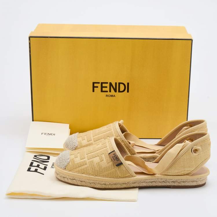 Pre Owned Fendi Yellow FF Logo Embroidered Fabric Ankle Wrap Espadrille Flats Size 37